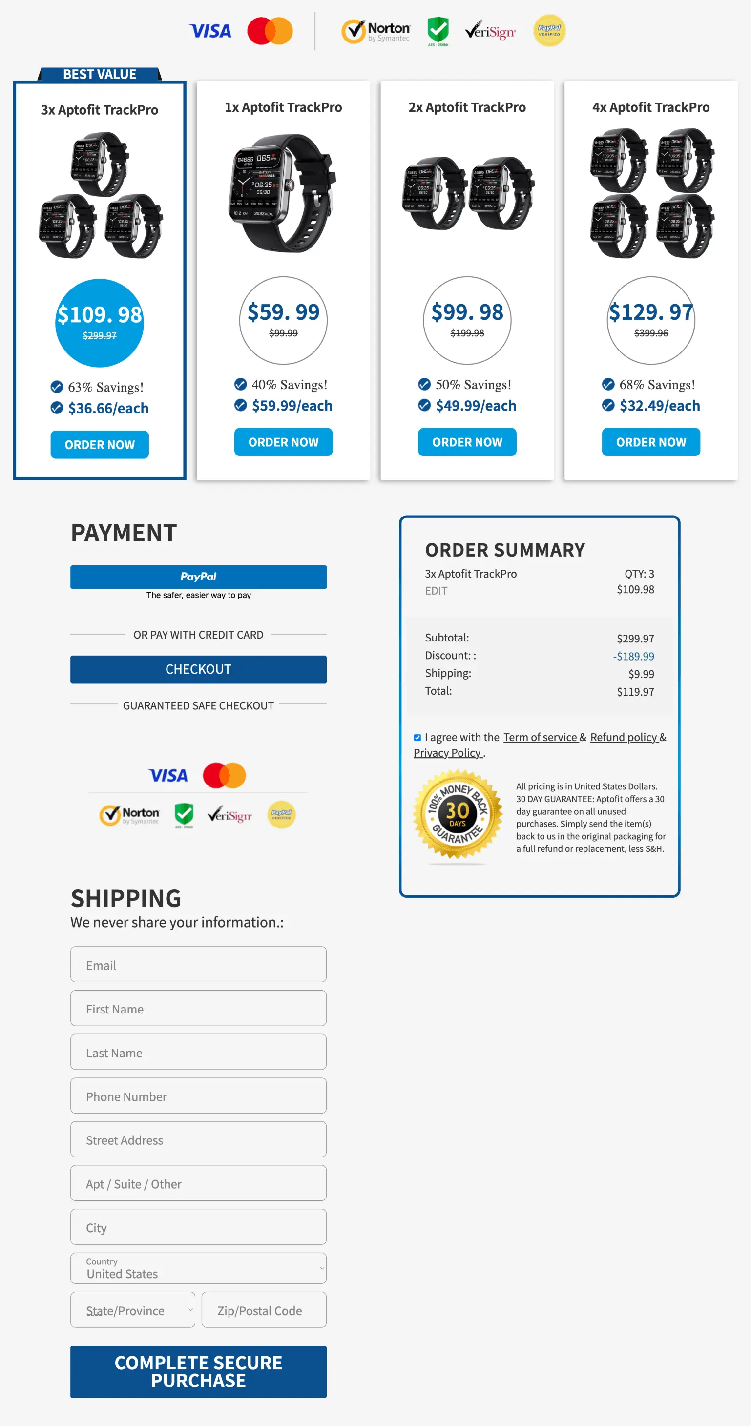aptofit trackpro checkout page